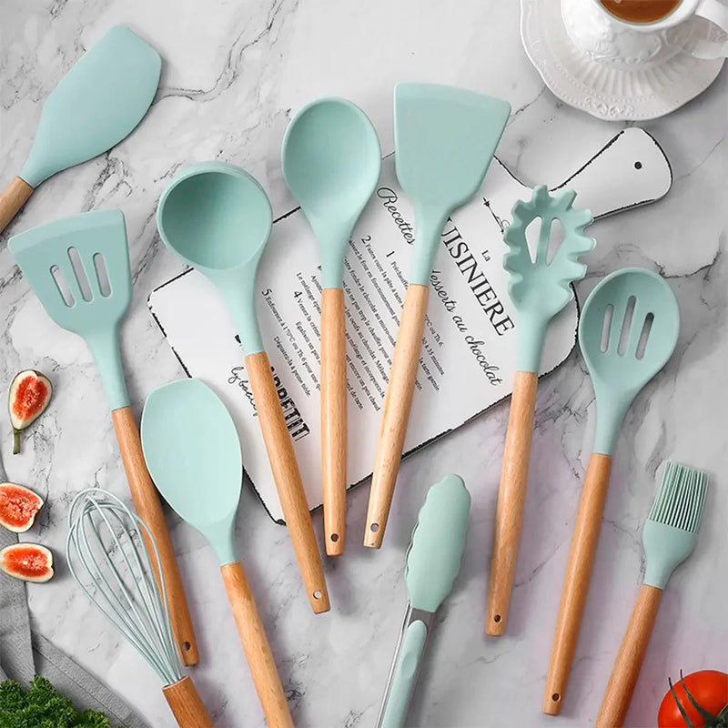 Kit Utensílios de Silicone para Cozinha 12 Peças e Cabo Madeira