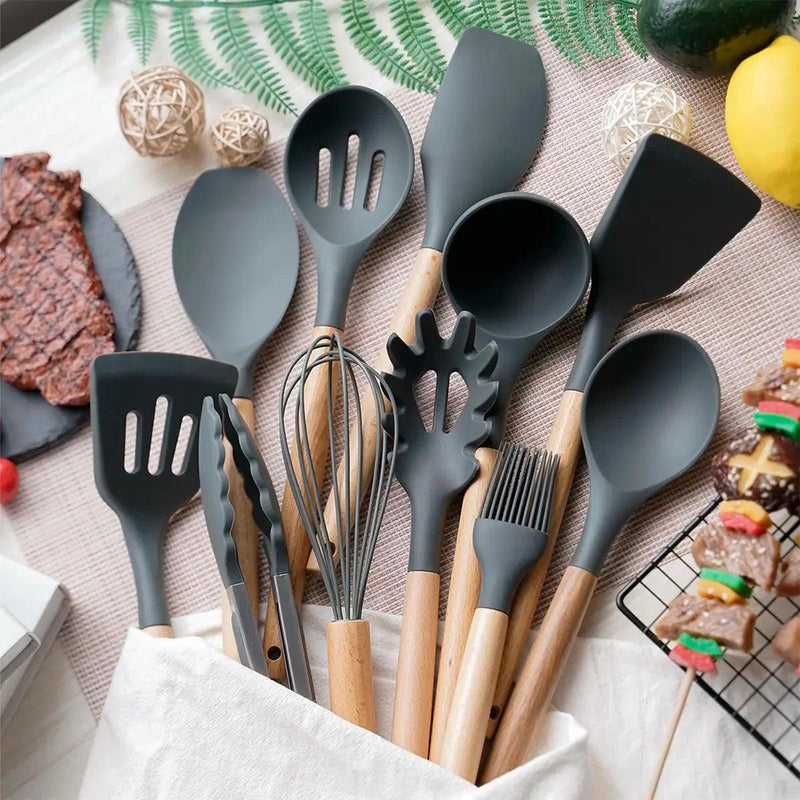 Kit Utensílios de Silicone para Cozinha 12 Peças e Cabo Madeira