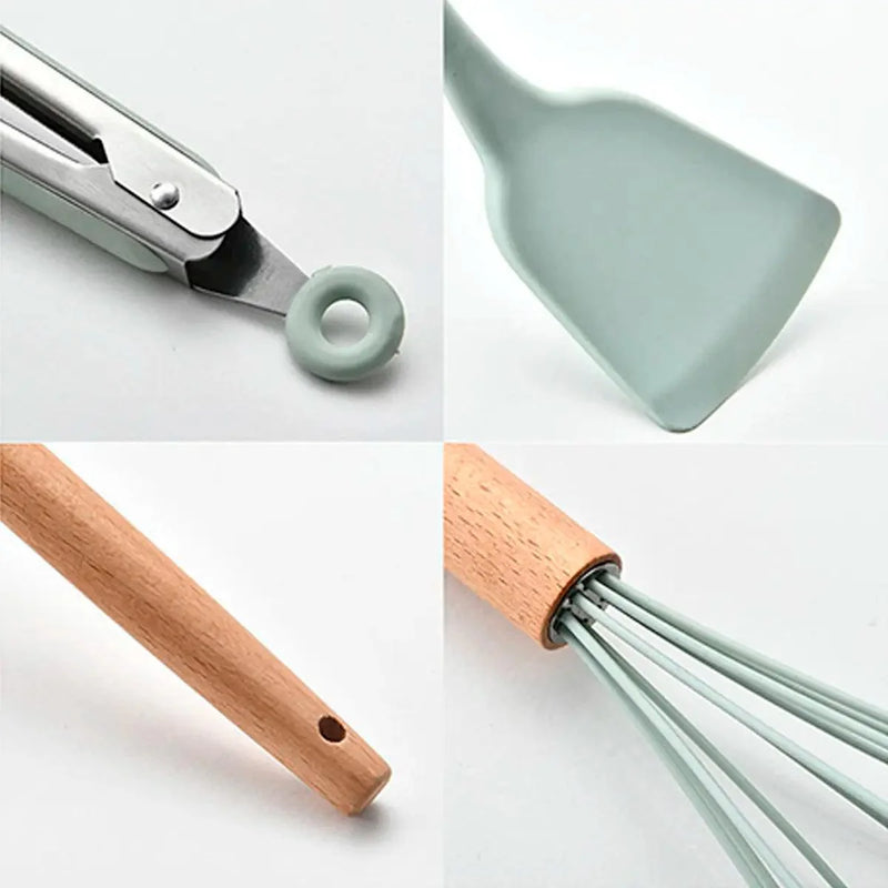 Kit Utensílios de Silicone para Cozinha 12 Peças e Cabo Madeira