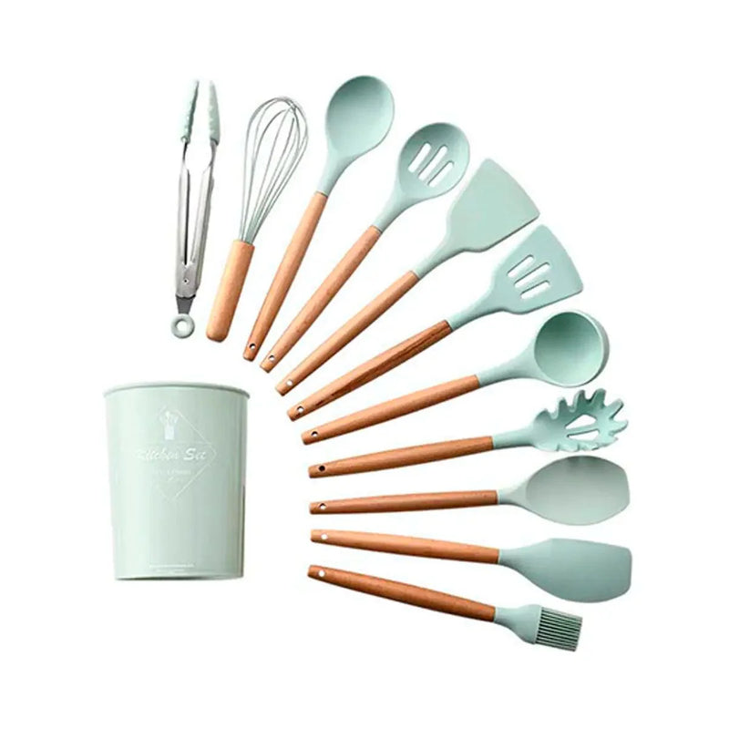 Kit Utensílios de Silicone para Cozinha 12 Peças e Cabo Madeira