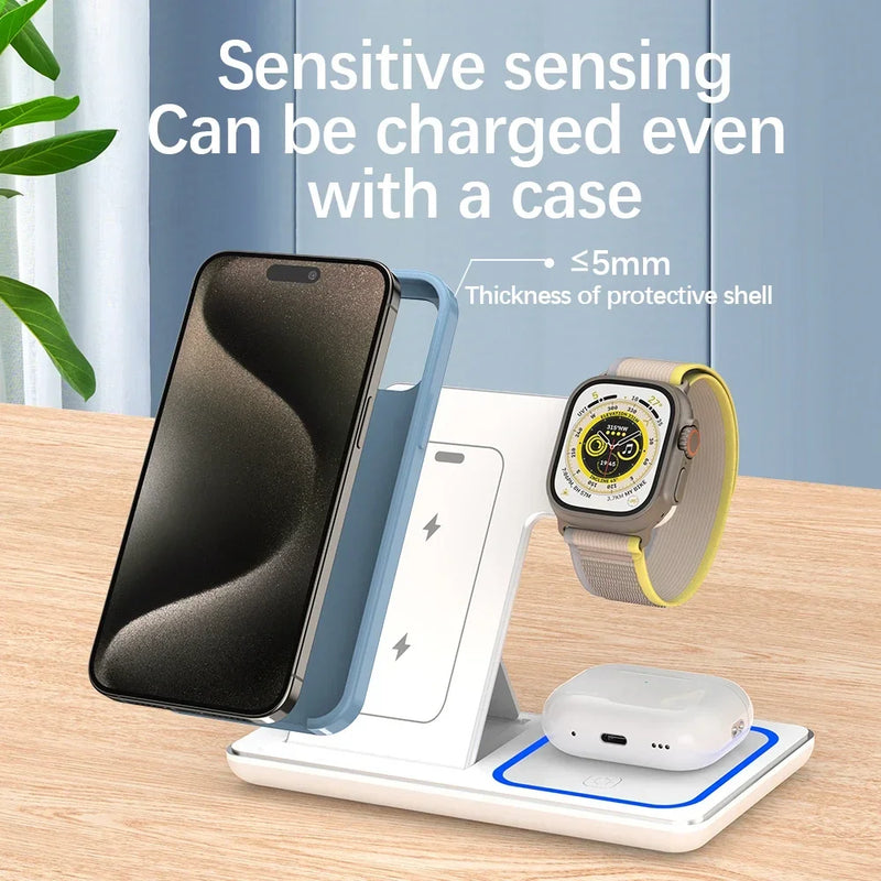 Estação de Carregamento 3 em 1 com Suporte Dobrável - Carregador Rápido Sem Fio 30W com LED para iPhone 15, 14, 13, 12, Apple Watch 9, 8, 7, 6, 5 e AirPods Pro