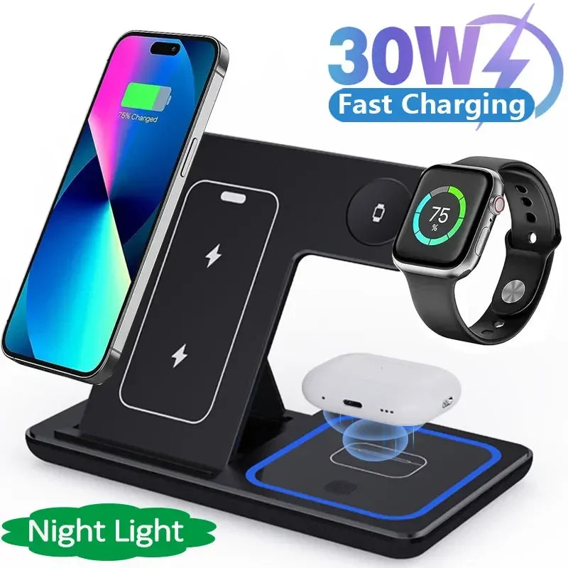 Estação de Carregamento 3 em 1 com Suporte Dobrável - Carregador Rápido Sem Fio 30W com LED para iPhone 15, 14, 13, 12, Apple Watch 9, 8, 7, 6, 5 e AirPods Pro