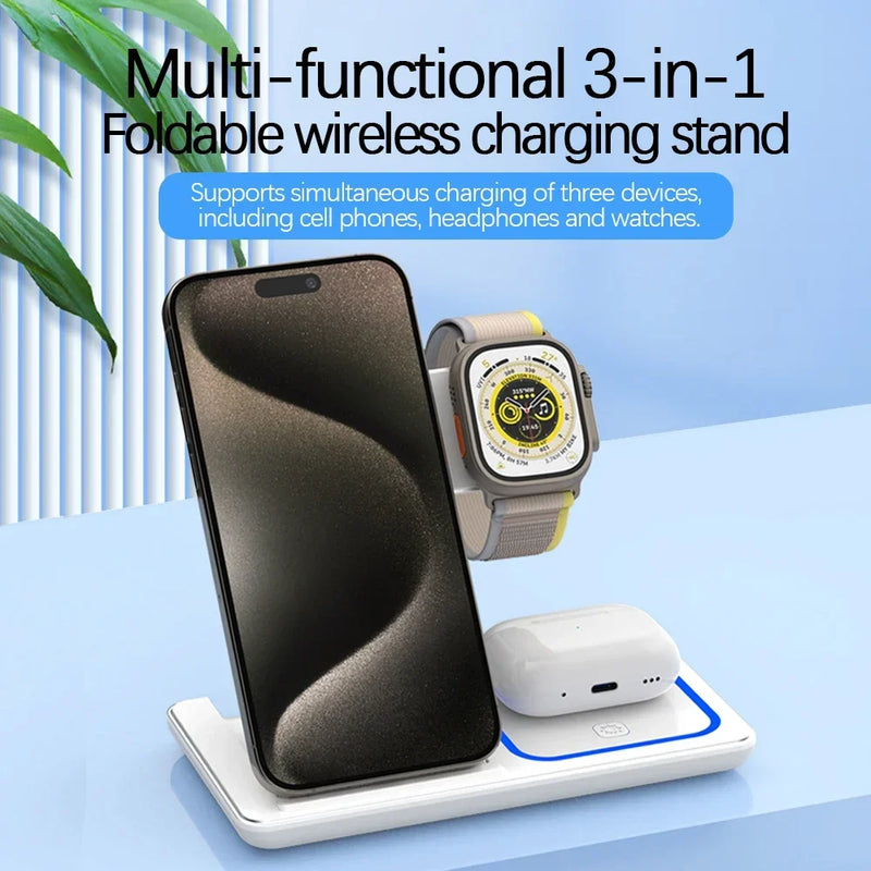 Estação de Carregamento 3 em 1 com Suporte Dobrável - Carregador Rápido Sem Fio 30W com LED para iPhone 15, 14, 13, 12, Apple Watch 9, 8, 7, 6, 5 e AirPods Pro