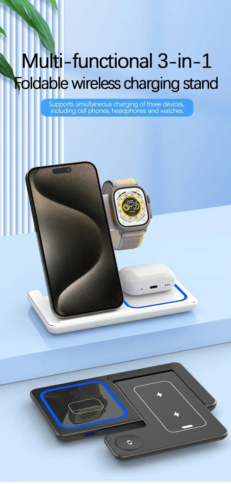 Estação de Carregamento 3 em 1 com Suporte Dobrável - Carregador Rápido Sem Fio 30W com LED para iPhone 15, 14, 13, 12, Apple Watch 9, 8, 7, 6, 5 e AirPods Pro