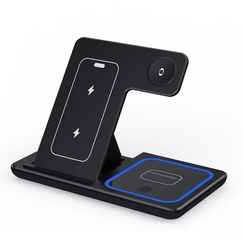 Estação de Carregamento 3 em 1 com Suporte Dobrável - Carregador Rápido Sem Fio 30W com LED para iPhone 15, 14, 13, 12, Apple Watch 9, 8, 7, 6, 5 e AirPods Pro