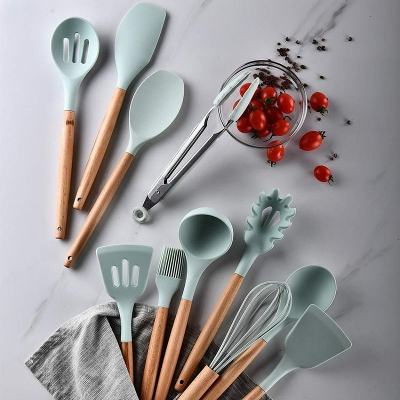 Kit Utensílios de Silicone para Cozinha 12 Peças e Cabo Madeira