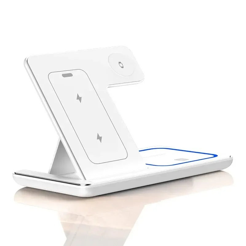 Estação de Carregamento 3 em 1 com Suporte Dobrável - Carregador Rápido Sem Fio 30W com LED para iPhone 15, 14, 13, 12, Apple Watch 9, 8, 7, 6, 5 e AirPods Pro